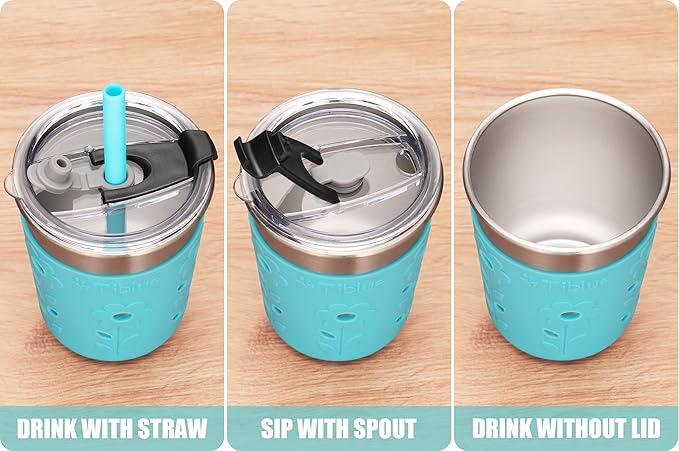 Tiblue Kids & Toddler Cups, Spill Proof Stainless Steel Smoothie Tumblers with Leak Proof Lids, Silicone Straw with Stopper & Sleeve, BPA FREE Snack Cup for Baby Girls Boys(4 Pack, 8oz Multicolor)