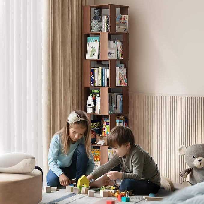 6 Tier Solid Wood Rotating Bookshelf Tower on Wheels, 360° Upgrade Spinning Book Shelf, Revolving Bookcase Organizer, Swivel Bookshelves for Small Spaces, Corner, Bedroom, Kids Room, Office (Walnut)