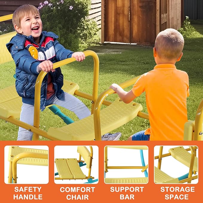 360 Degree Rotation Seesaw Swivel Teeter-Totter, 2/3/4 Seats Sit and Spin Outdoor Playground Equipment for Kids, Toddlers, Boys, Children (Yellow-3 Seats)