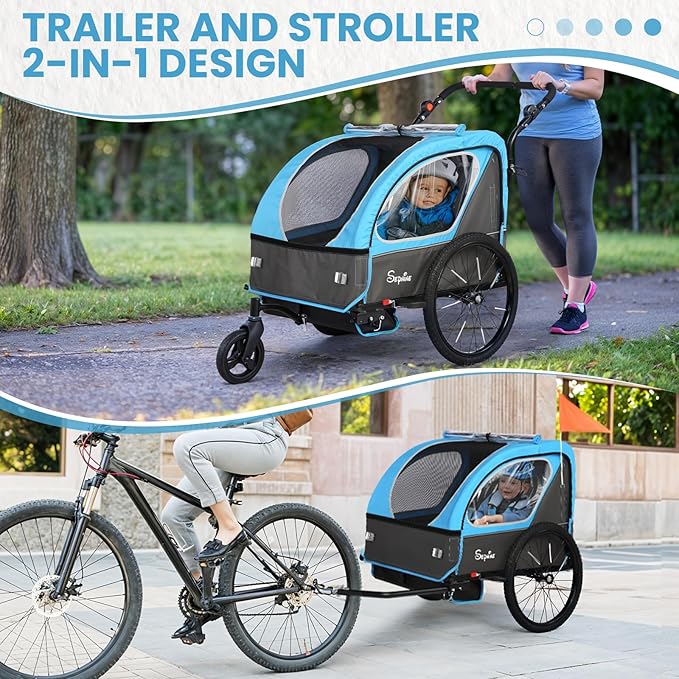 Sepnine Kids Bike Trailer, 2 in1 Canopy Carrier Converts to Pushcart Suitable for 1 to 2 Toddlers, Kids, Quick Attach to Bike, Foldable, with 5-Point Harness and Storage Bags
