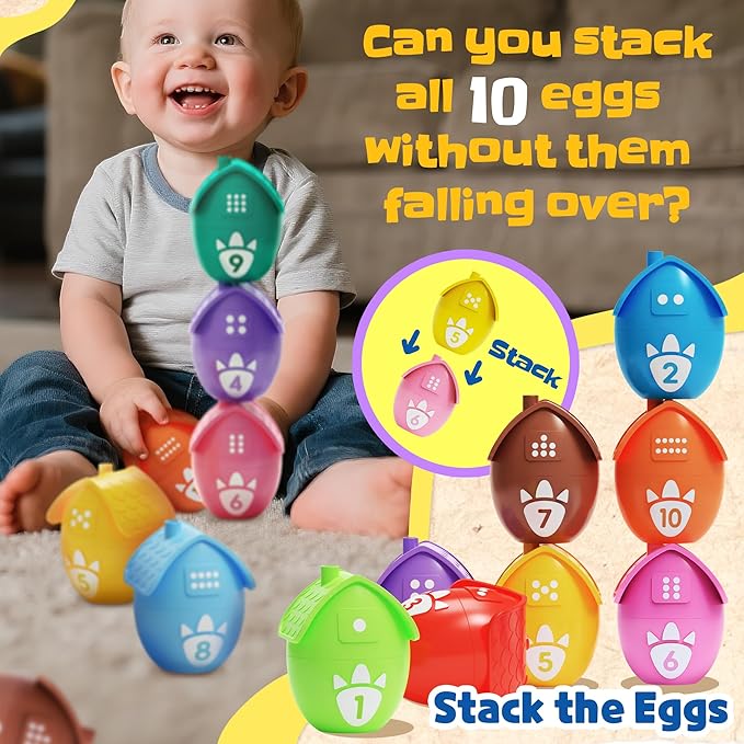 Learning Toys for Toddlers 1 2 3 Years Old-Matching Egg Toys with Dino Finger Puppet for Montessori Learning, Counting, Stacking, Sorting-Easter Christmas Birthday Gift for Baby Boys Girls