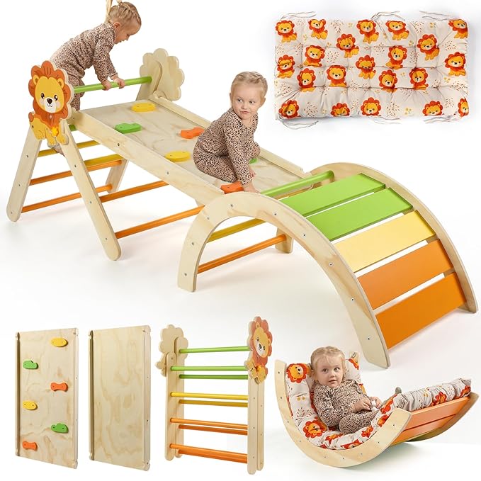 Pikler Triangle Set with Cushion, 7 in 1 Toddler Climbing Toys Indoor, Montessori Foldable Climbing Set, Wooden Climbing Toys for Toddlers Inside with Ramp, Arch and Ladder (Lion)