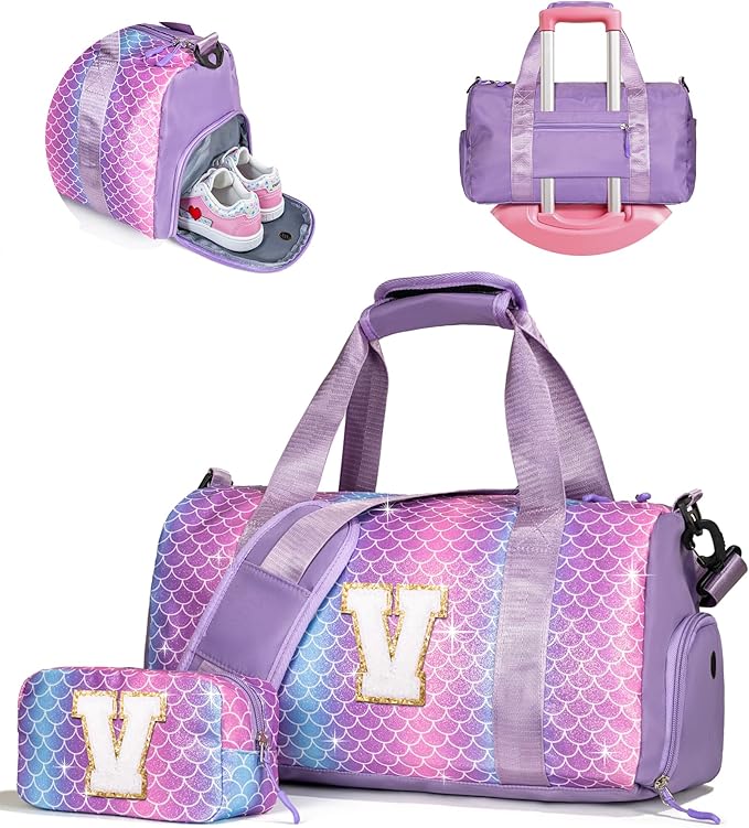 Girls Gifts for Her-Girl Gym Bag with Shoe Compartment, Kid Personalized Weekender Overnight Bags, Initial Travel Tote with Makeup Pouch, Girls Kids Gift (Letter V)