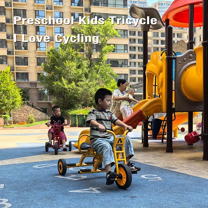 Tandem Tricycles for Kids 5-7 Year Olds, 2 Seater Preschool Pedal Kids' Trike with Solid Rubber Tires & Sturdy Metal Frame, Elementary School Daycare Kindergarten Outdoor Playground Equipment