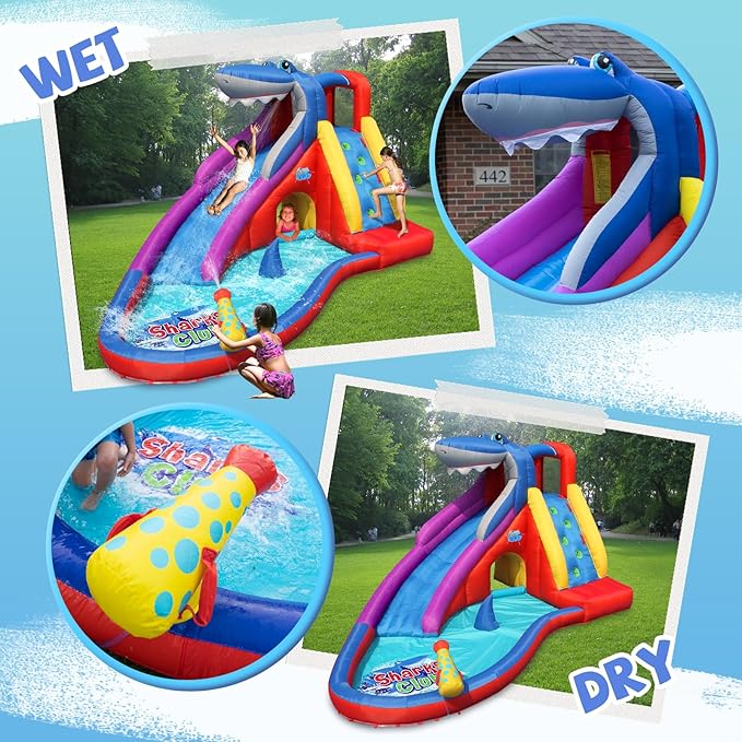 ACTION AIR Inflatable Water Slide, Red Shark Bounce House with Slide for Wet and Dry, Playground Sets for Kids Backyard, Water Spray, Water Pool, Durable Sewn with Extra Thick Material