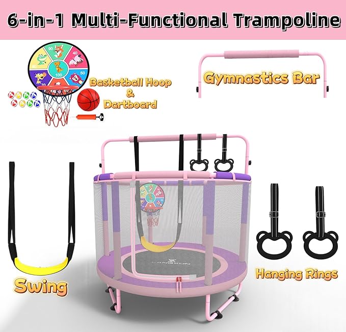 LANGXUN 60" Trampoline for Kids, 5ft Toddler Mini 6-in-1 Trampoline Indoor Outdoor with Swing, Basketball Hoop, Dart Board, Rings, Christmas Toys Birthday Gifts for Girls Boys