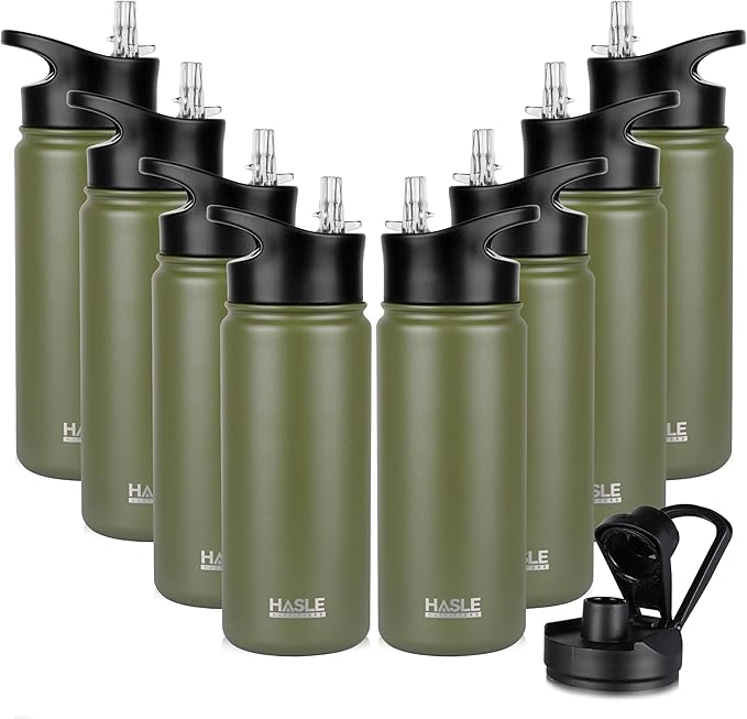 HASLE OUTFITTERS Insulated Water Bottle Kids 16 oz Double Wall Vacuum Stainless Steel Water Bottle Leak Proof for School Wide Mouth with Straw Lid & Spout Lid Keeps Cold and Hot(Army Green,8pack)
