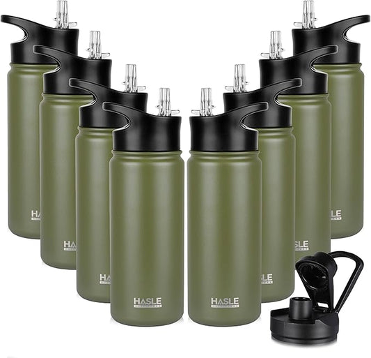 HASLE OUTFITTERS Insulated Water Bottle Kids 16 oz Double Wall Vacuum Stainless Steel Water Bottle Leak Proof for School Wide Mouth with Straw Lid & Spout Lid Keeps Cold and Hot(Army Green,8pack)
