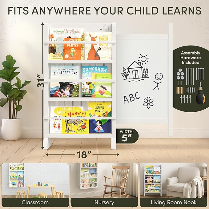 Kids Bookshelf - Baby Book Shelf for Kids Room with Montessori Furniture Sliding Whiteboard, Dry Erase Markers - Wooden Bookshelf for Kid Toddler, Nursery Bookcase for Classroom Bedroom