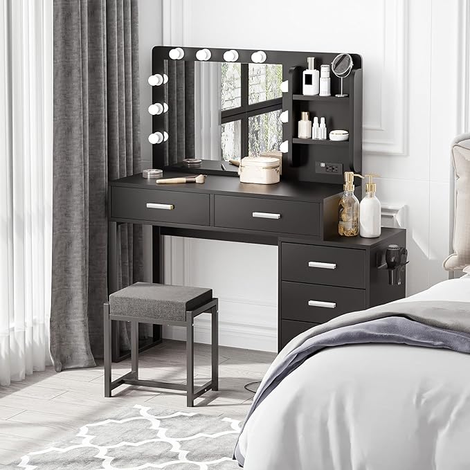 Makeup Vanity Desk with Power Outlet,Mirror and Lights,Makeup Vanity Table with 5 Storage Drawers and Chair Set,3 Color Modes Available