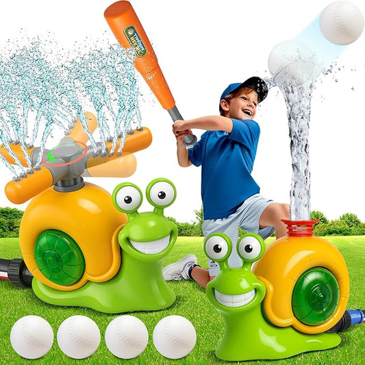 Water Sprinkler Baseball Toy for Kids Outdoor Play, 2 in 1 Snail Sprinkler with Bat and Balls, Backyard Lawn Pool Summer Game for Boys Girls Ages 4-8