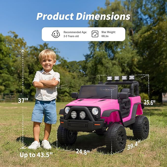 Kids Ride on Car Toy, 12V Electric Car for Kids with Remote Control, LED Light - Hot Pink