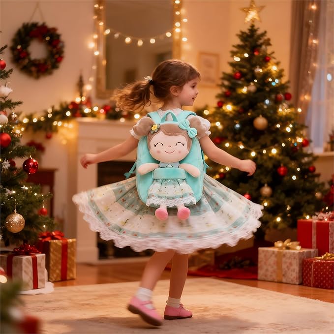 Gloveleya Kids Backpacks Girls Backpack Plush Bags with Soft Baby Doll Green 9"