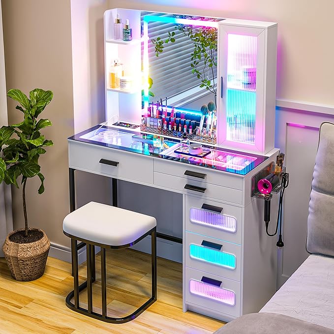 HENBC Vanity with Mirror and LED Lights, Glass Top Vanity Desk with Charging Station(Wireless+USB+Type-C), RGB Makeup Table Set with Stool/Makeup Organizer/6 Drawers (White)