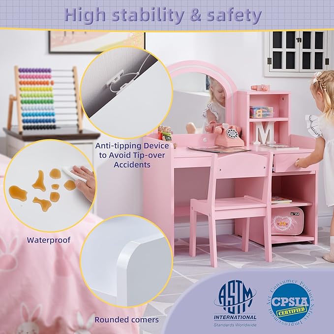 Kids Princess Vanity Set with Drawer, Storage Shelves & Lighted Mirror, 2 in 1 Toddler Makeup Vanity with Stool for Little Girls (Pink)