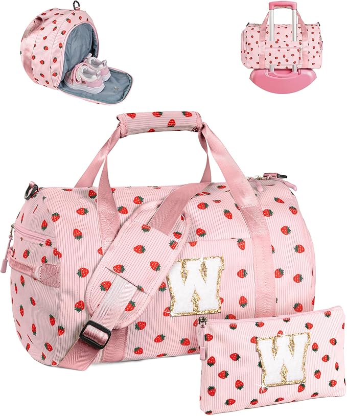 Christmas Gifts for Grandkids, Girls Gym Bag, Kids Personalized Weekend Duffel Bags with Shoe Compartment, Initial Travel Tote with Makeup Bag, Stocking Stuffers for Toddler (Letter W)