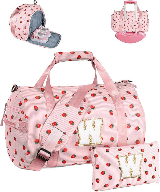 Christmas Gifts for Grandkids, Girls Gym Bag, Kids Personalized Weekend Duffel Bags with Shoe Compartment, Initial Travel Tote with Makeup Bag, Stocking Stuffers for Toddler (Letter W)