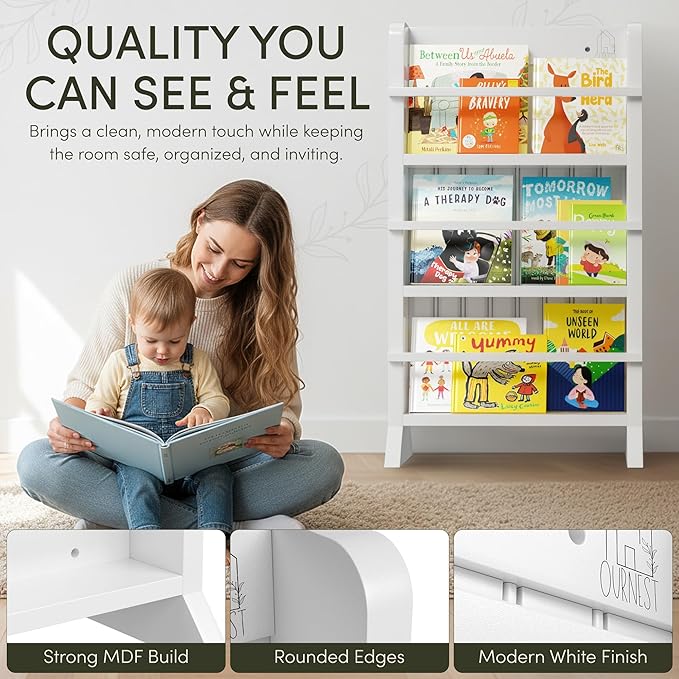 Kids Bookshelf - Baby Book Shelf for Kids Room with Montessori Furniture Sliding Whiteboard, Dry Erase Markers - Wooden Bookshelf for Kid Toddler, Nursery Bookcase for Classroom Bedroom