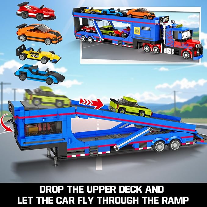 City Transporter Truck Building Set with 7 Sports Cars - Adjustable Loading Ramp Tow Semi Truck with Carrier & Trailer Building Toy Pretend Play Birthday Gifts for Kids Boys Girls Aged 8-14