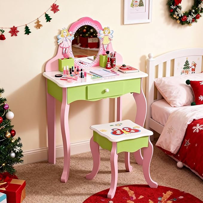Kids Vanity Set Wooden Princess Play Makeup Table with Mirror, Drawer & Flower Fairy Design, Includes Stool - Toddler Girls Dress Up Dressing Furniture Gift for 3+ Years (Pink/Green)