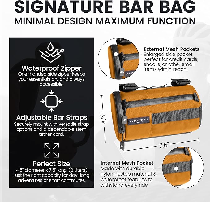 Signature Bar Bag – California Gold | Hard-Shell Bike Handlebar Bag with Waterproof Zippers & Adjustable Straps | Lightweight Bicycle Handlebar Bag, Compatible with Road, Gravel & MTB Bikes