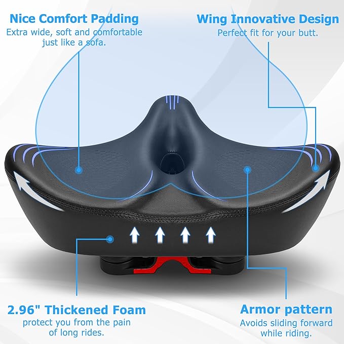 Oversized Bike Seat for Men & Women Comfort, Extra Wide Bicycle Seat Cushion, Comfortable Wing Padded, Large Replacement Saddle for Peloton, Stationary Exercise Bike, Ebike, Cruiser, City Bike