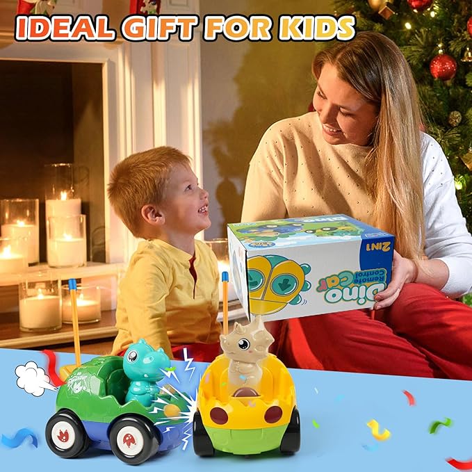 2-Pack Remote Control Dinosaur Toy Car for Kids - Birthday Gifts for Boys Toddlers Ages 18+ Months, 2 3 4 5 Year Old, Dino RC Vehicle with Lights and Music