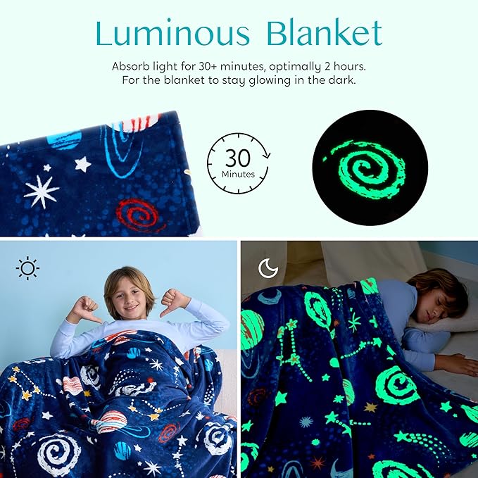 Joiedomi Glow in The Dark Blanket Space Gifts for Girls Boys Age 2 3 4 5 6 7 8 9 10 11 12 Year Old Boy Gifts, Soft Cozy Flannel Kids Throw Blanket, Birthday Bedroom Decor 50"×60"