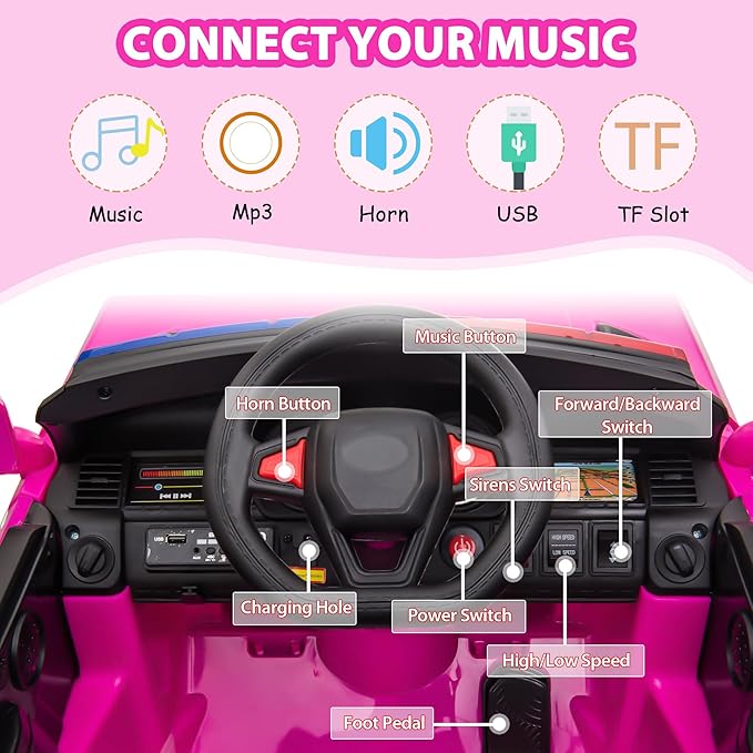 Police Cars for Kids Electric Car TOBBI 12V Childrens Powered Ride Ons for Toddlers Cop Cars with Parental Remote Control, Siren, Flashing Lights, Music, Rose Red