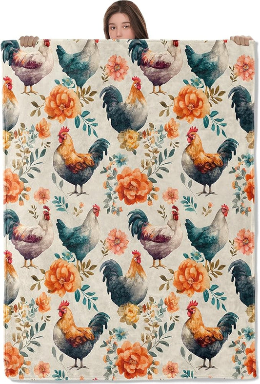 Country Chicken Blanket,Rooster and Bright Floral Fleece Blankets,Soft Decorative Throw for Bedroom,Farmhouse,Travel,Camping,Practical Throws Gifts for Adults Farm Animal Lovers,50X60 Inch
