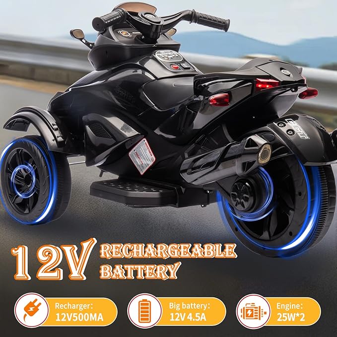 Xinyonxin 12V Kids Electric ATV, 3-Wheeler Motorcycle Ride on Toys for Toddlers w/Music, LED Lights, USB, One-Button Start, Forward/Reverse, Electric All-Terrain Car, Gift for Age 3+ (Black)