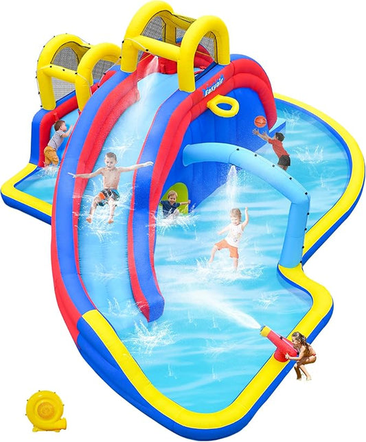 Inflatable Water Slide for Kids with 650W Blower, 2 Climbing Walls, 2 Slides, 2 Splash Pool, Basketball Hoop, Water Gun, 216 x 194 Inch Blow Up Water Slides for Backyard Blue
