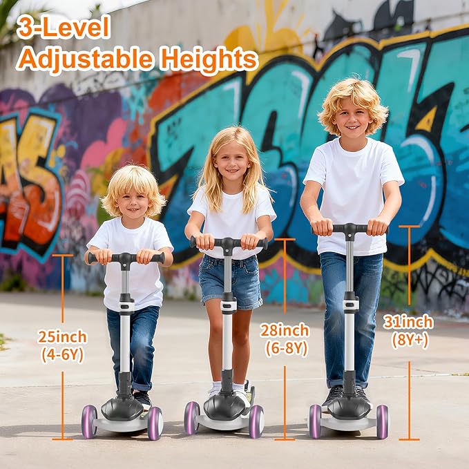 Kick Scooter Kids with LED Lighted Wheels and 3 Adjustable Height, Lean-to-Steer & Widen Anti-Slip Deck, 3 Wheel Scooter for Boys & Girls Up to 110 Lbs