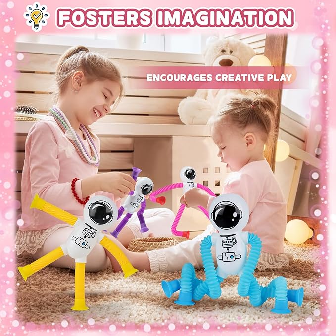 Astronaut Sensory Toys,Chirstmas Gifts for Grandkids Toddlers,4Pcs Suction Autism Toy Pop Tube Fidget Toys,Autistic Busy Travel Toys Chirstmas Stocking Stuffers