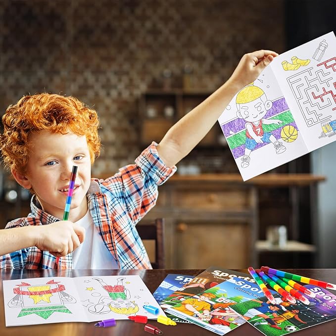 BenLouis 12 Sports Mini Coloring Books Kids with 12 Stacking Crayons Sports Themed Party Favors Small Activity Books Bulk for Kids Sports Birthday Party Gift Goodie Bag Stuffers