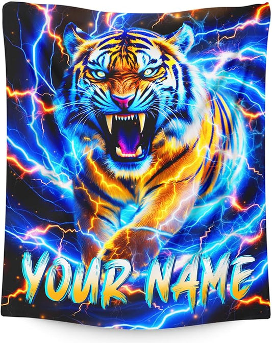 Personalized Blanket for Boys Men, Tiger Throw Blankets for Kids Adults Son Tiger Lovers 60x80 Inches Lightweight Cozy Custom Throw for Sofa Couch Bed Living Room Office Trip