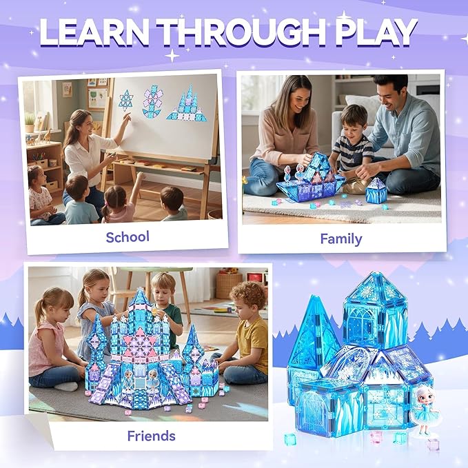 Princess Castle Magnetic Tiles Building Toys Set for Kids Ages 3-5 4-8, STEM Magnetic Blocks with 2 Dolls, Educational Sensory Magnetic Toys Gifts for Toddler Boys Girls Learning Classroom