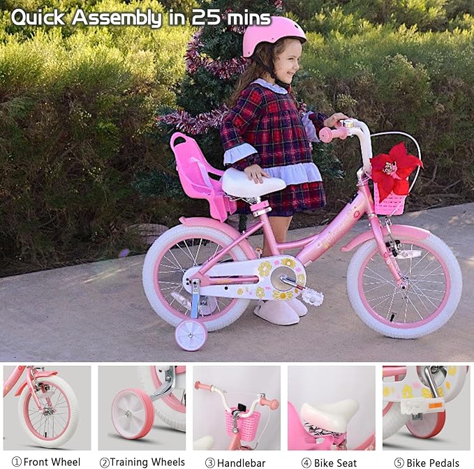 Glerc Maggie Girls Bike, 12-20 Inch Kids Bike for 2-13 Years Old Children, Princess Style Kids Bicycle with Doll-Seat & Basket & Training Wheels, Multiple Colors