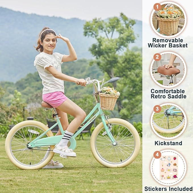 Petimini Girls Bike with Basket for 2-12 Years Old Kids, 12 14 16 18 20 Inch Bicycle with Bell Training Wheels Basket, Multiple Colors