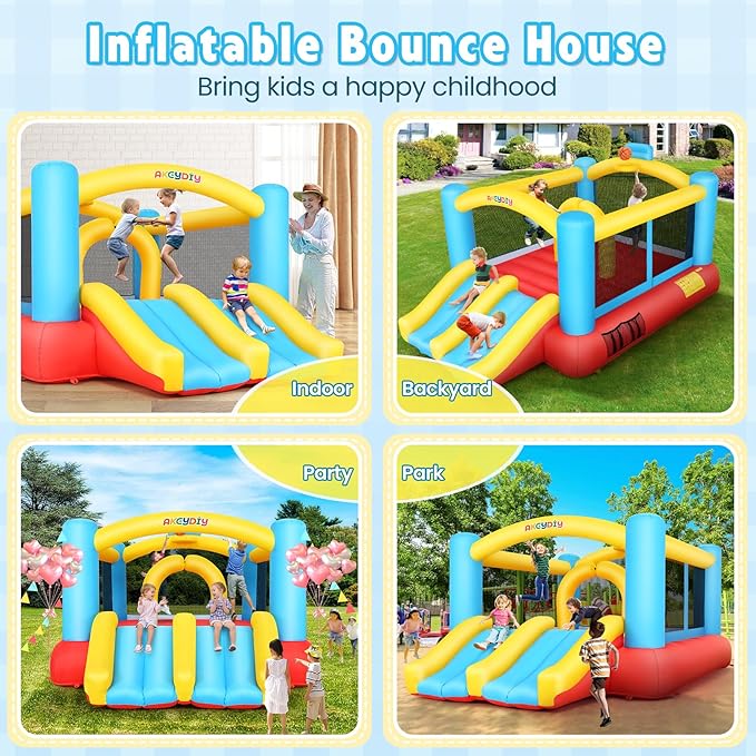 Bounce House, 12.6FTx9FT Inflatable Bounce Castle with Blower for Kids, Blow Up Jumping Bouncer with Double Slide, Obstacles, Trampoline Indoor/Outdoor Bouncy House, Jump House for Family Backyard