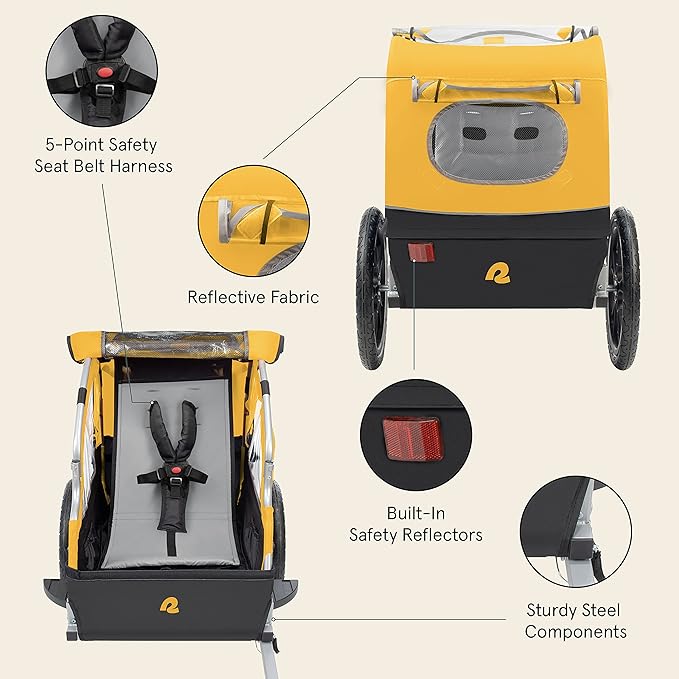 Single & Double Passenger Children’s Foldable/Collapsible Tow Behind Bike Trailer with 16" Wheels, Safety Reflectors & Rear Storage Compartment