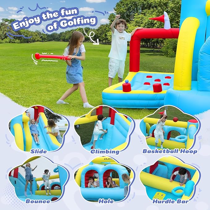 ELEMARA 7 in 1 Inflatable Bounce House, 15x12’XL Golf Inflatable Bouncer with Blower, Bounce House with Slide,Golf Area, Double Tunnels,Climbing Wall, Jumping Castle, Holds 6 Kids