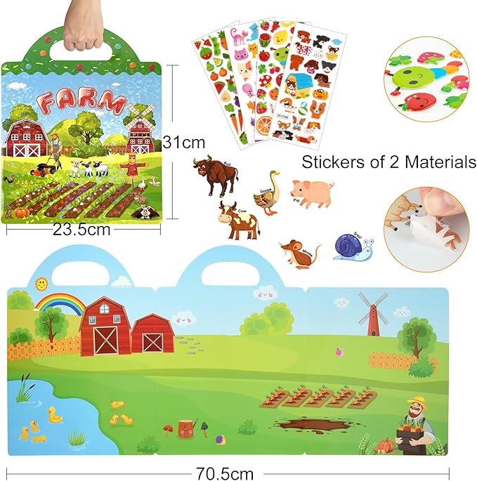 ASTARON Reusable Sticker Book for Toddlers, 88 Pcs Farm Harvest Stickers Road Trip Activities Car Airplane Activities Travel Toys for Kids, Kids Quiet Time Activities (2-6 Age)