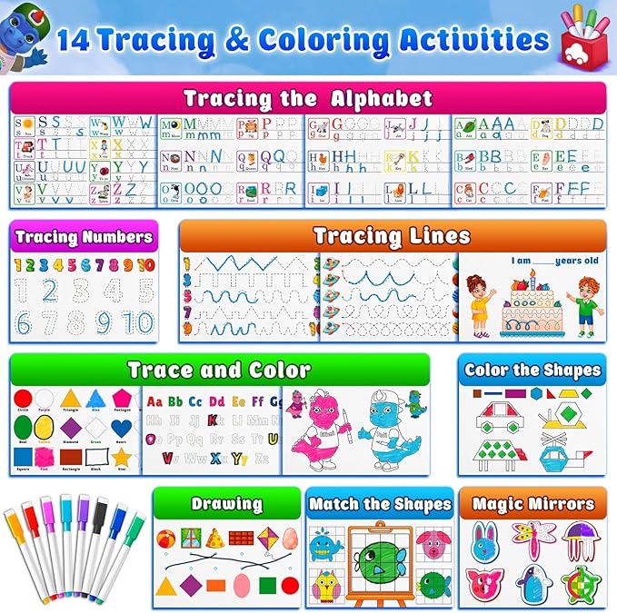 Curious 2 Learn Montessori Busy Book for Toddlers Ages 3-5 – Preassembled Preschool Learning Binder with 28 Activities, Travel Bag & 8 Markers – Educational Toy & Gift for 3 Year Old Boys (Blue)