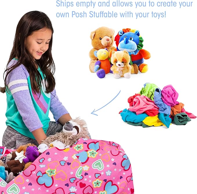 Posh Stuffable Kids Stuffed Animal Storage Bean Bag Chair Cover - Childrens Toy Organizer, Large-38 - Canvas Multi-Colored Hearts on Pink