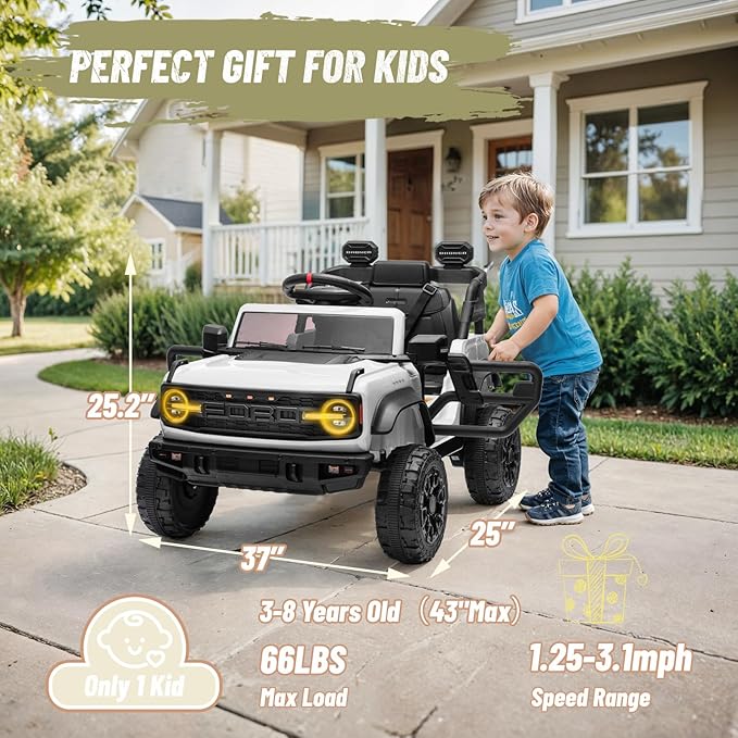12V Ride on Toy for Kids, Ford Bronco Raptor Kids Electric Car with Parent Remote Control, Battery Powered Truck Car with 4-Wheel Suspension, LED Light, Bluetooth, 3 Speeds (12V, White)