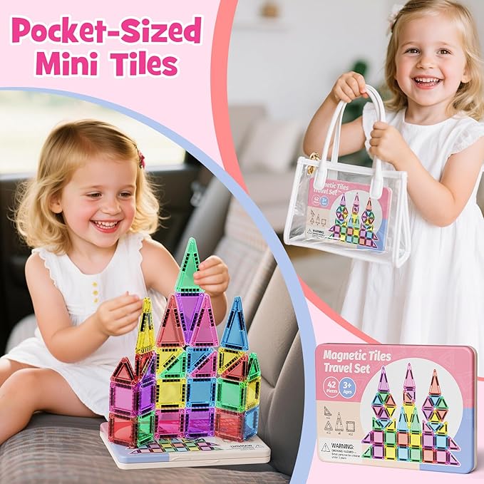 Mini Magnetic Tiles with Iron Box, 42PCS Travel Size Magnet Building Blocks Toy Set, Protable Construction Block Toys Educational Learning Sensory Toys for 3+ Year Old Boys Girls Birthday Gift