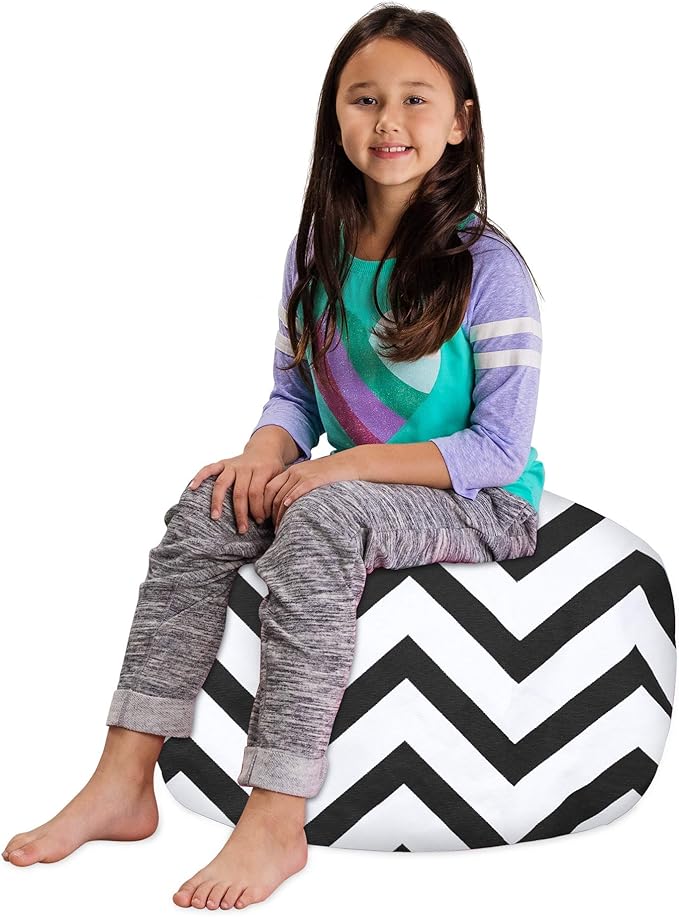 Posh Creations Kids Stuffed Animal Storage Bean Bag Chair Cover - Childrens Toy Organizer, Medium-27in, Canvas Chevron Black and White