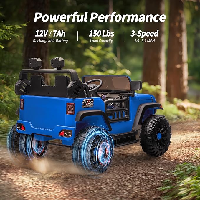 2 Seater Ride on Car Toy, 12V Electric Car for Kids 4-8 with Remote Control, Capacity 150 lb, LED Light - Blue