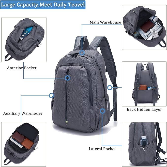 YZAOLL 25L Lightweight Packable Hiking Backpack Waterproof Hiking Daypack for Women Men Gym Backpack Travel Camping Vacation,DarkGray